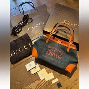 Gucci Blue Denim and Orange Leather Tote